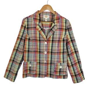 Talbots Women's Plaid Cotton Flax Button Front Blazer Jacket Size 12